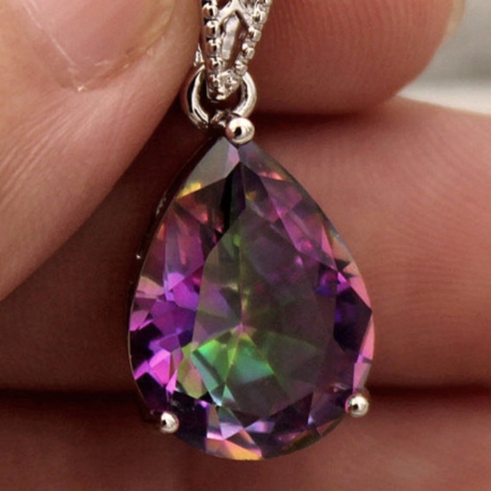 18K White Gold Filled 16mm Mystic Topaz Pendant on 925 Chain